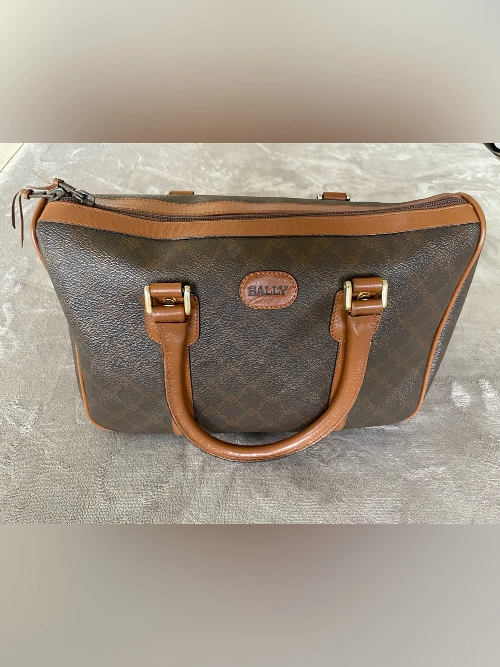 Vintage Bally Monogram Boston Bag Brown Leather Trim Made in Italy
